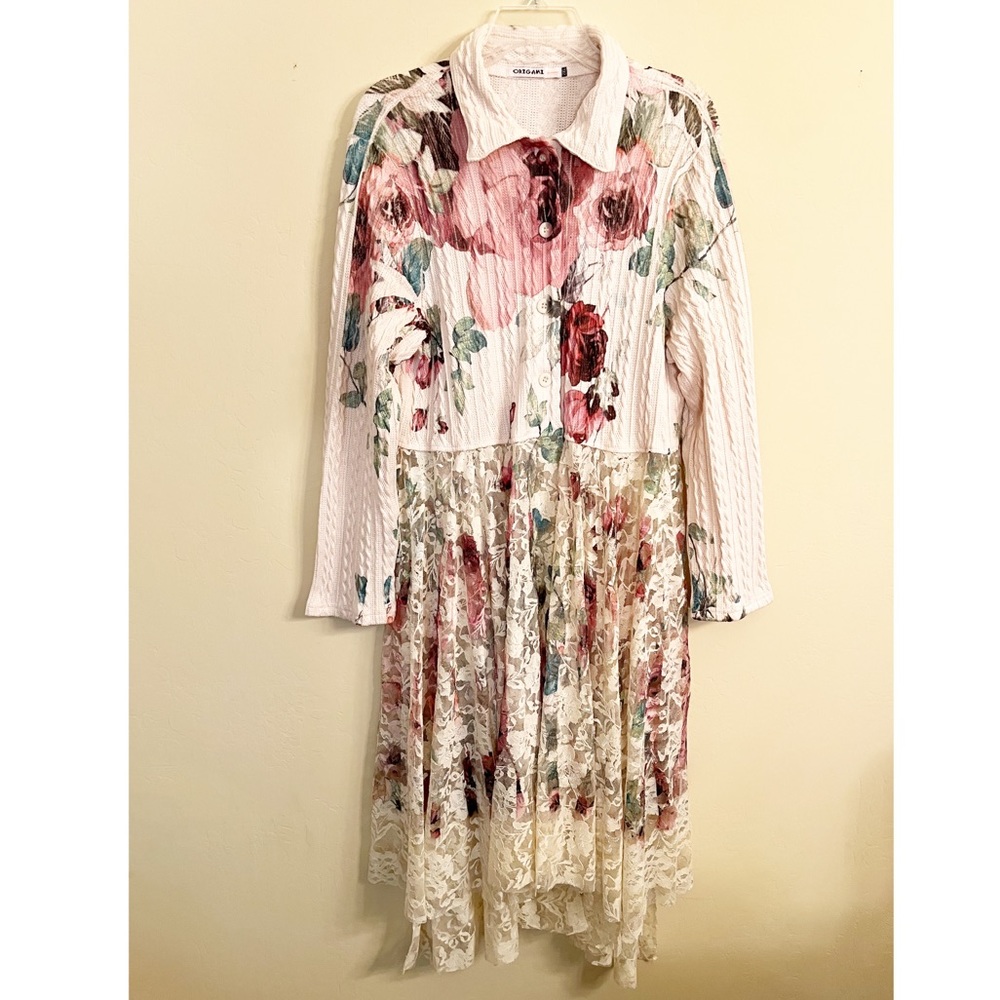ORIGAMI SWEATER CARDIGAN DUSTER floral big rose lace boho western Size 2 XL - Picture 5 of 9